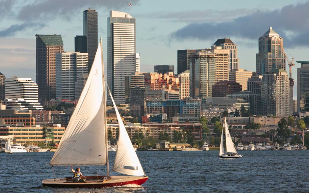 Stock photo of Lake Union Seattle with a sailboat