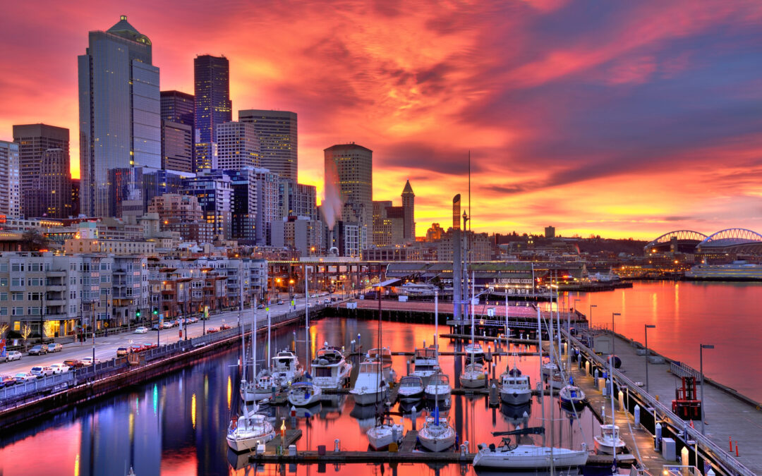 Dramatic Seattle skyline at dawn