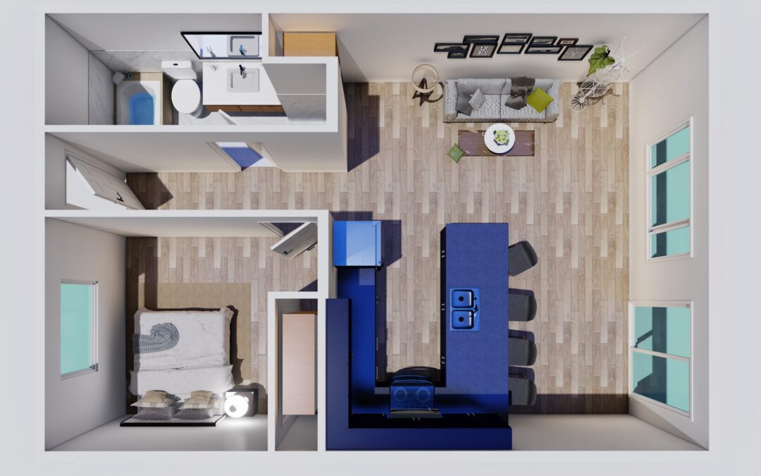 Apartment Unit floorplan – birds eye view, one bedroom one bathroom