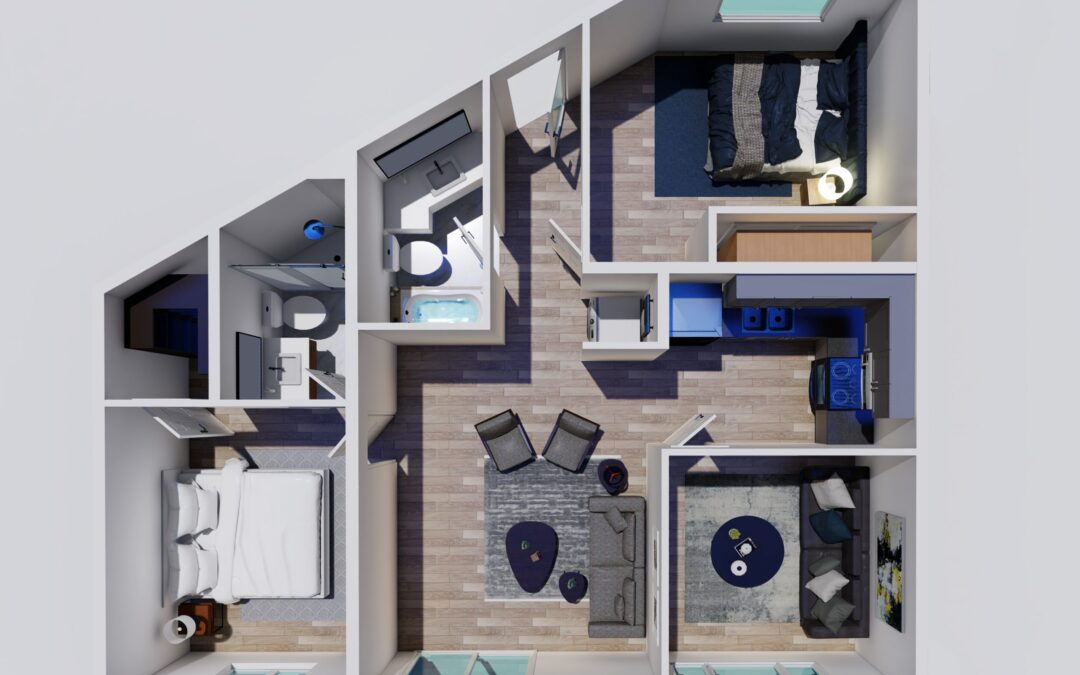 Apartment Unit floorplan – birds eye view, two bedroom two bathroom and den