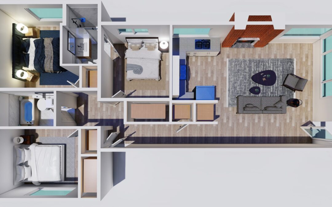 Apartment Unit floorplan – birds eye view, three bedroom two bathroom