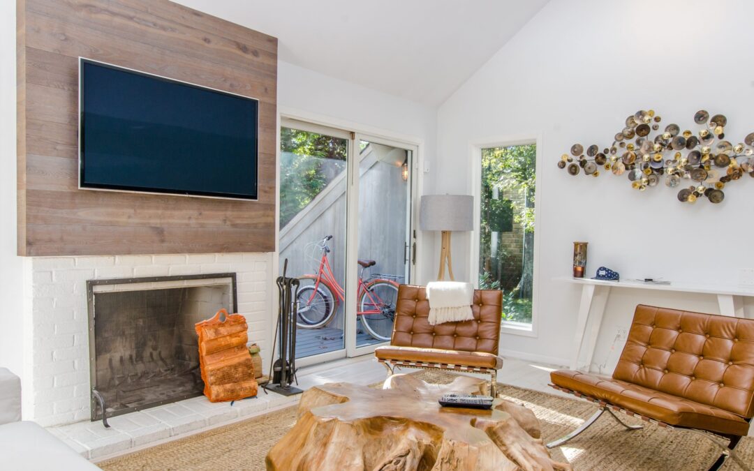 Apartment Unit Interior – living room backyard patio vaulted ceiling fireplace